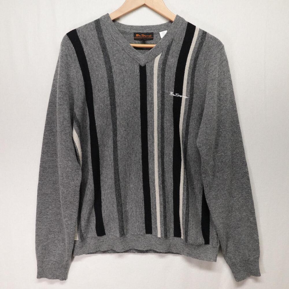 Ben Sherman Sweater Mens Medium Gray Lambswool V Neck Striped Pullover Knit
